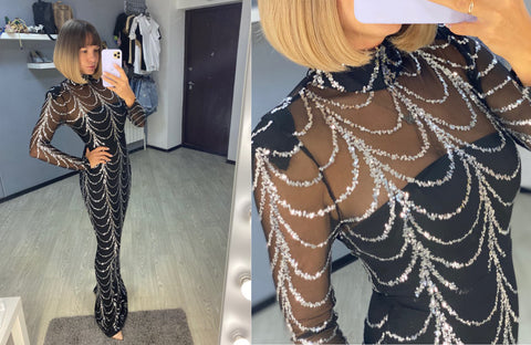 Long-Sleeve Sequin Gown