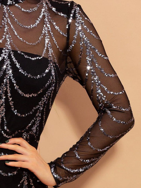 Long-Sleeve Sequin Gown