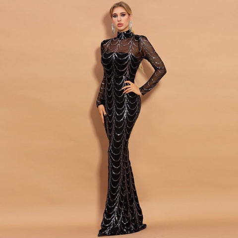 Long-Sleeve Sequin Gown
