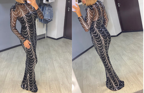 Long-Sleeve Sequin Gown