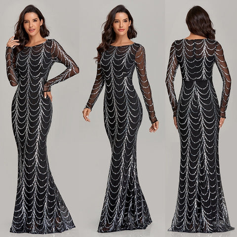 Long-Sleeve Sequin Gown