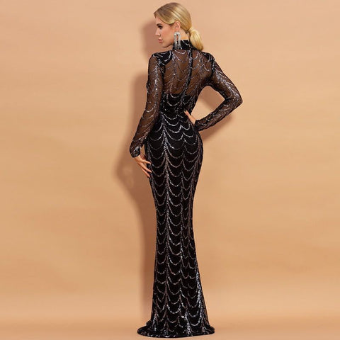 Long-Sleeve Sequin Gown