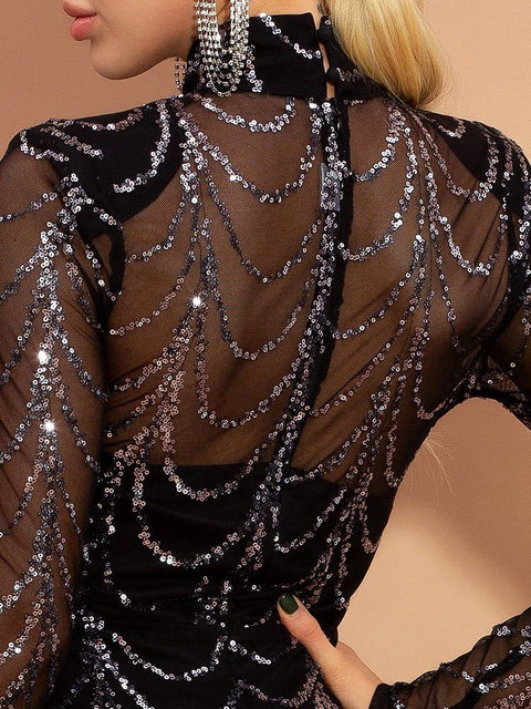Long-Sleeve Sequin Gown